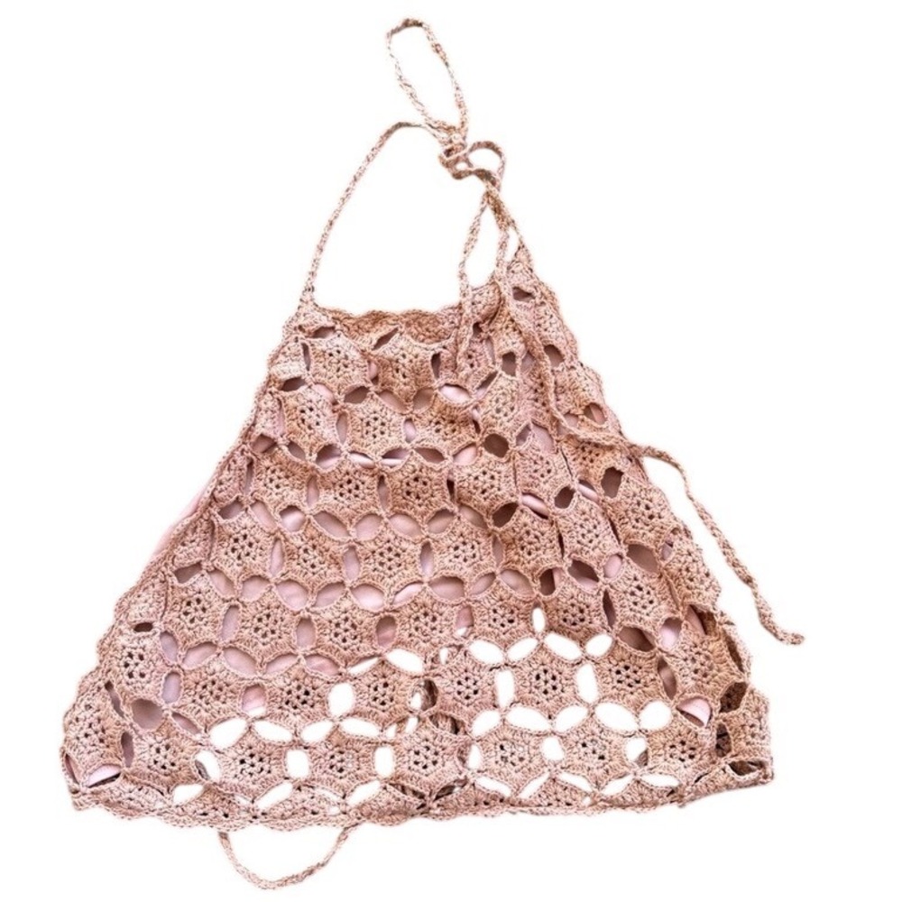 Say What? Womens Crochet Halter Top Dusty‎ Rose Pink Boho Festival Lined Large